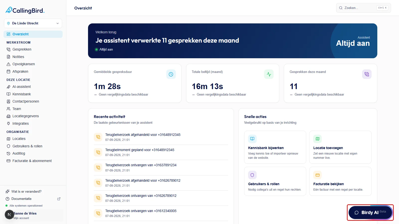 De Birdy AI-chatknop rechtsonder in het dashboard