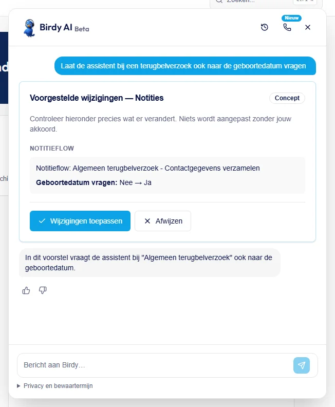 Een voorstelkaart van Birdy met de huidige en de nieuwe waarde