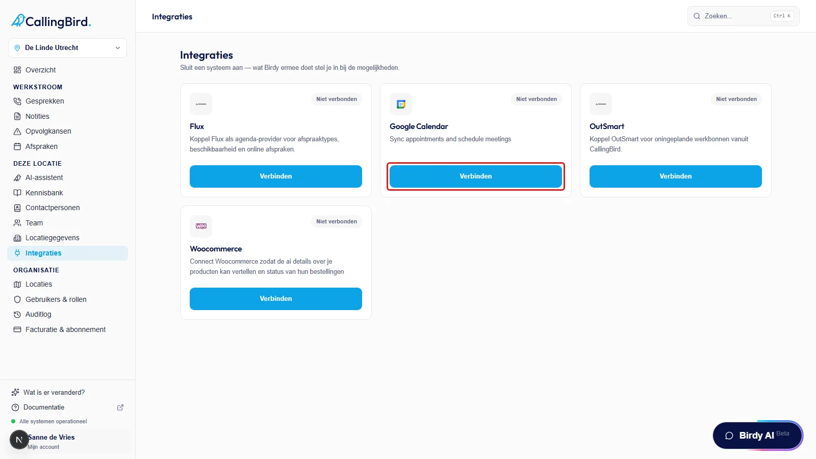 De kaart van Google Calendar met de knop Verbinden in Integraties