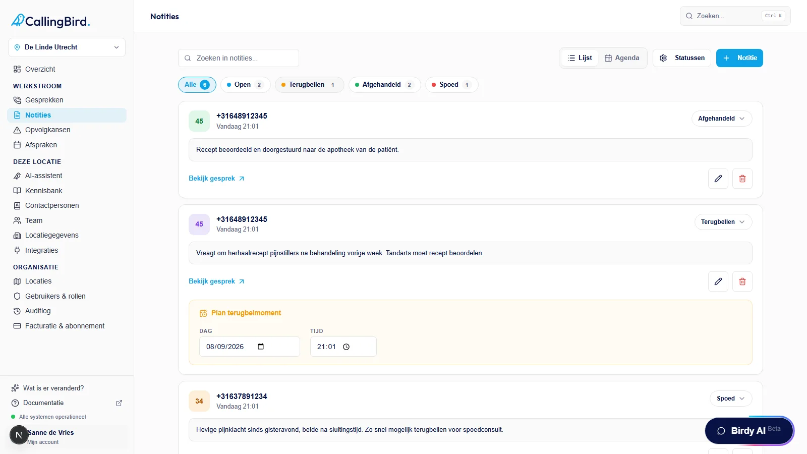 De pagina Notities met de statusfilters en een lijst met notities
