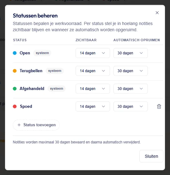 Het venster Statussen beheren met een eigen status