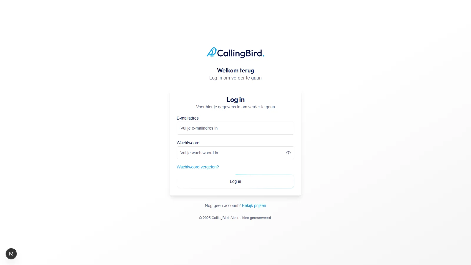 Het CallingBird-inlogscherm met e-mailadres en wachtwoord