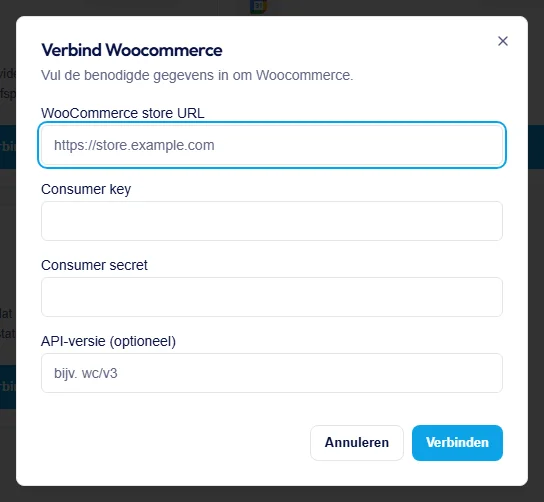 Het koppelvenster van WooCommerce met store-URL, Consumer key en Consumer secret